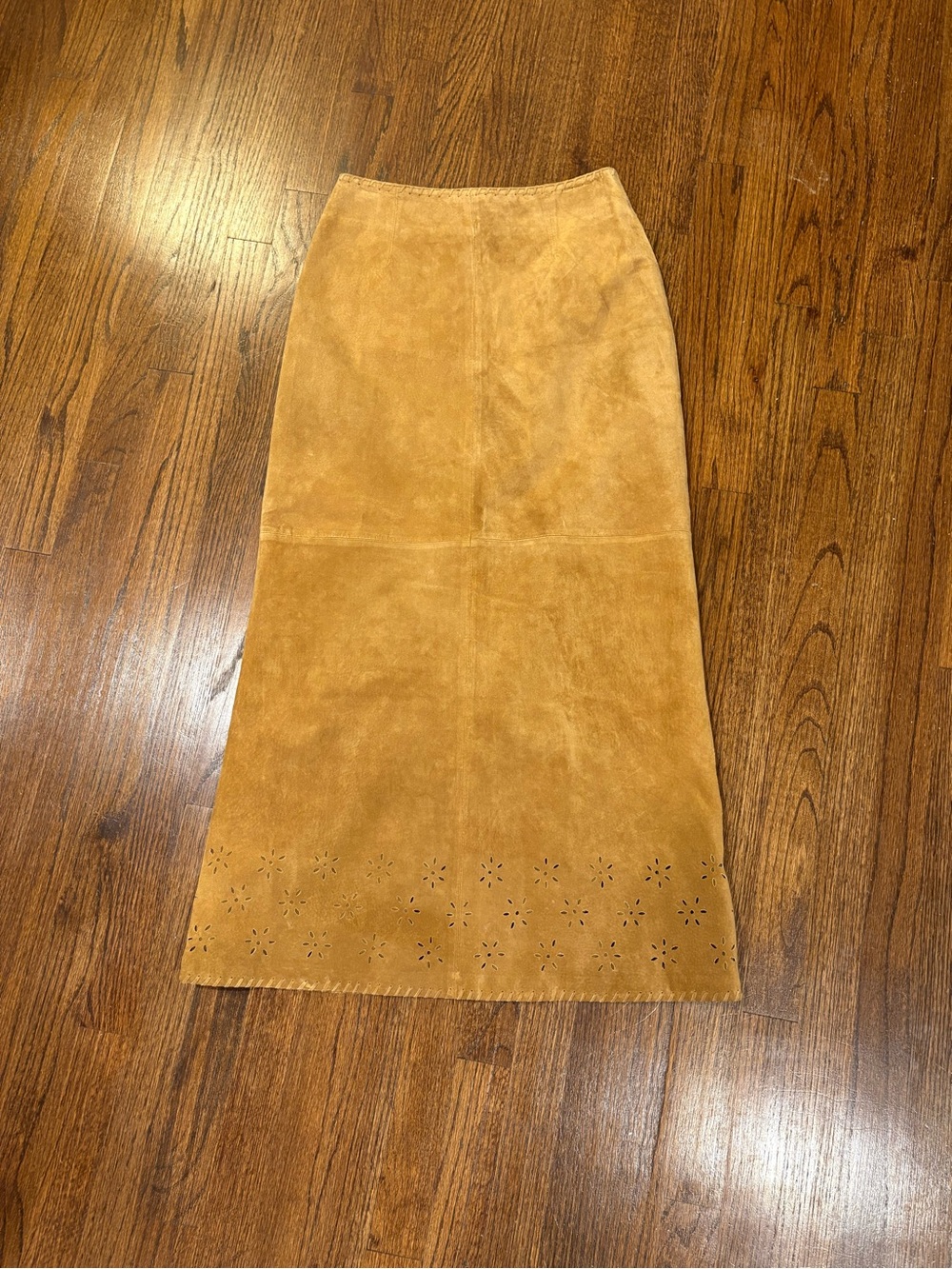 Suede Maxi Skirt in Tan with Laser-Cut Hem